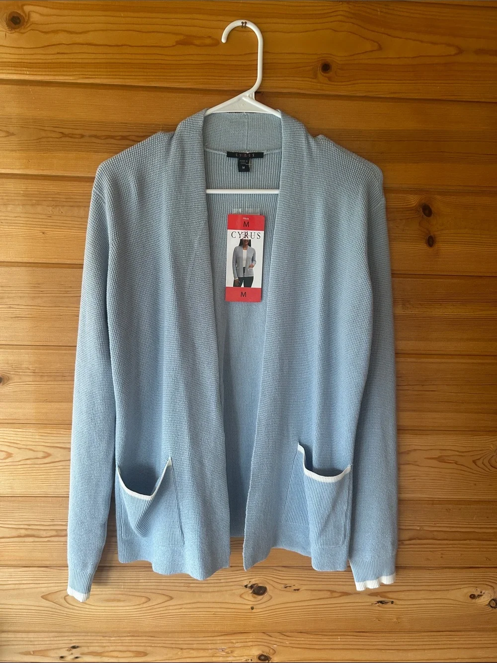 Cyrus Light Blue Open-Front Cardigan with Pocket Trim